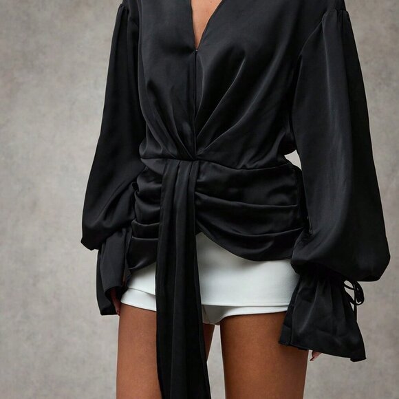 Black Elegant Women's Asymmetric Pleated Draped Puff Sleeves Ruffled Lace Shirt - Picture 4 of 6